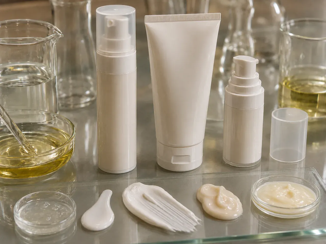 Bemotrizinol sunscreen format review with fluid, lotion, and cream textures beside tube and pump packaging