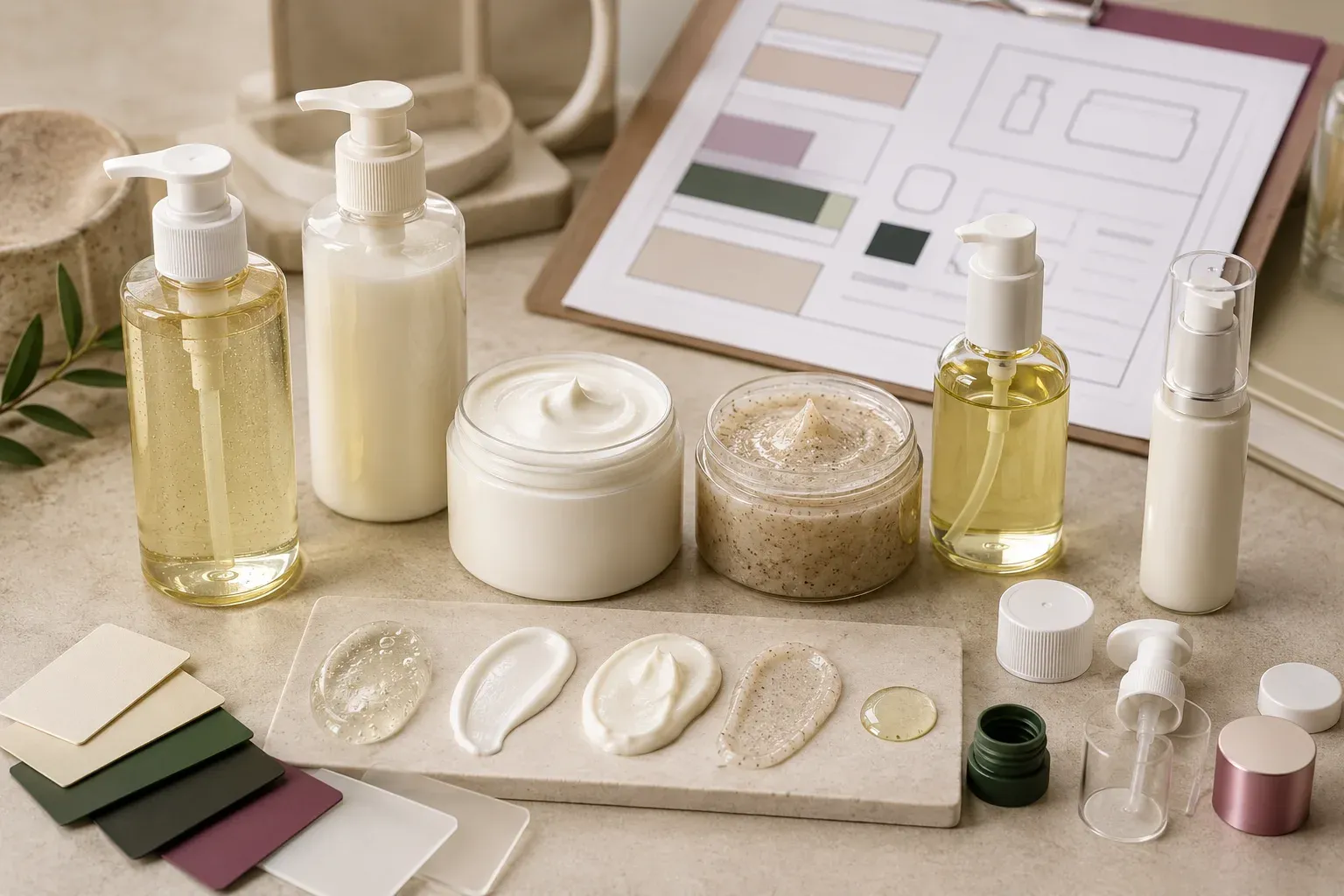 Body wash, lotion, cream, scrub, oil, and body-serum samples with coordinated packaging arranged for product development