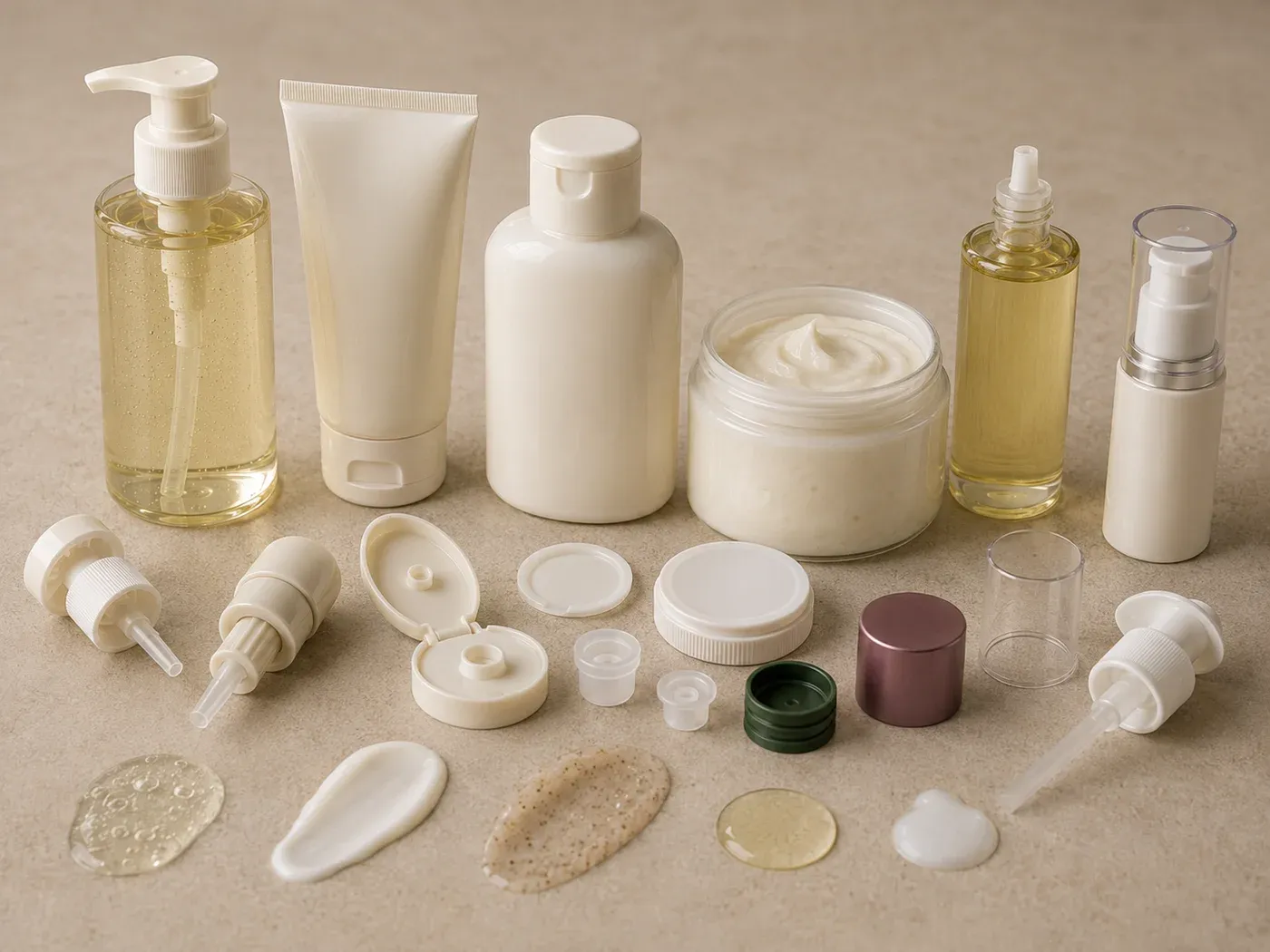 Body care packaging systems with pump bottle, tube, jar, oil dispenser, treatment pump, and matching closures