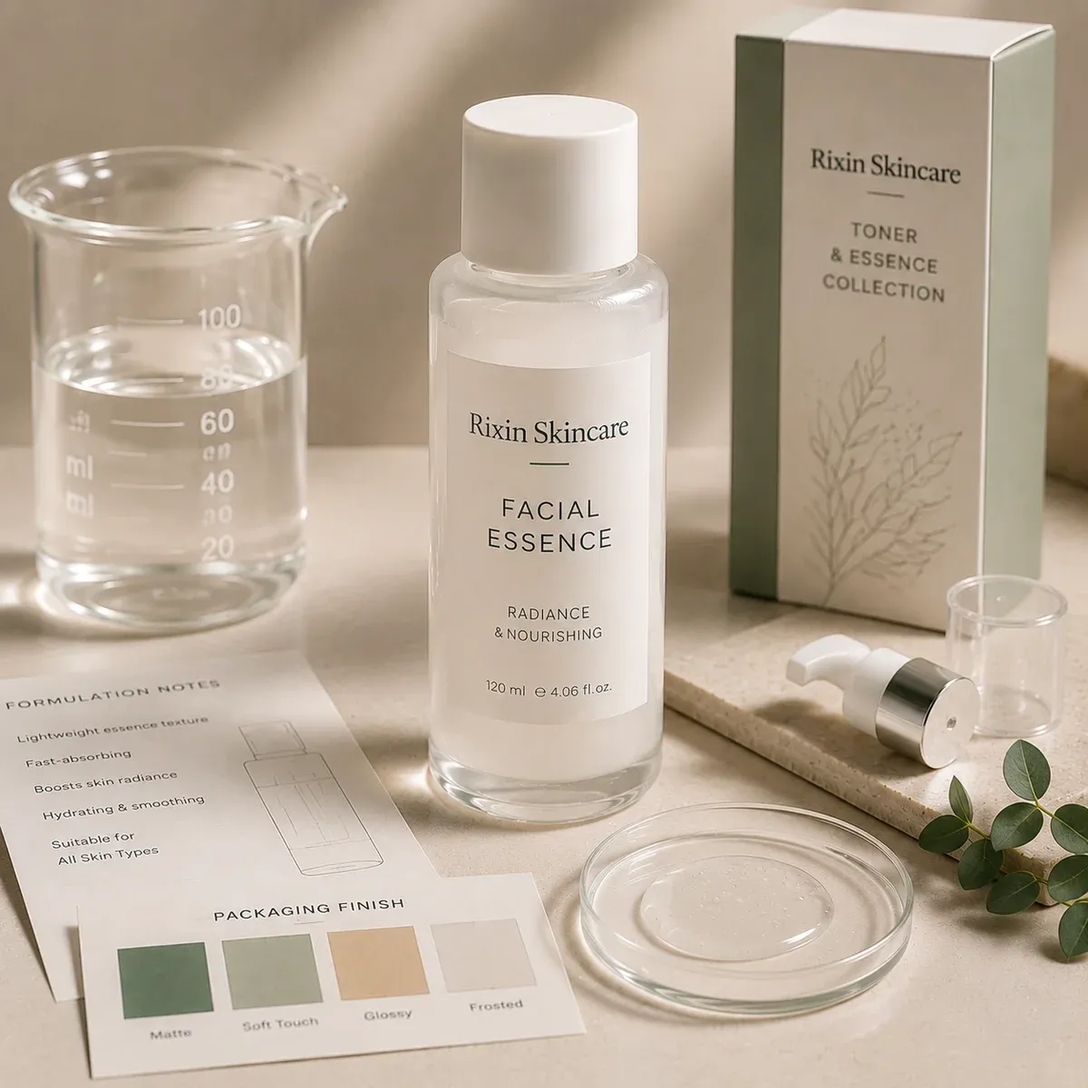 Facial essence format shown with refined skincare bottles and a layered lightweight texture.