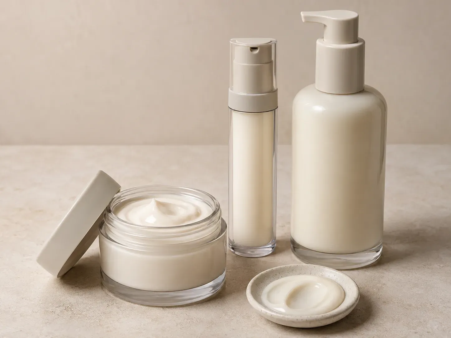 Unlabeled moisturizer, milky serum, and lotion formats with restrained cosmetic textures in a unified development composition