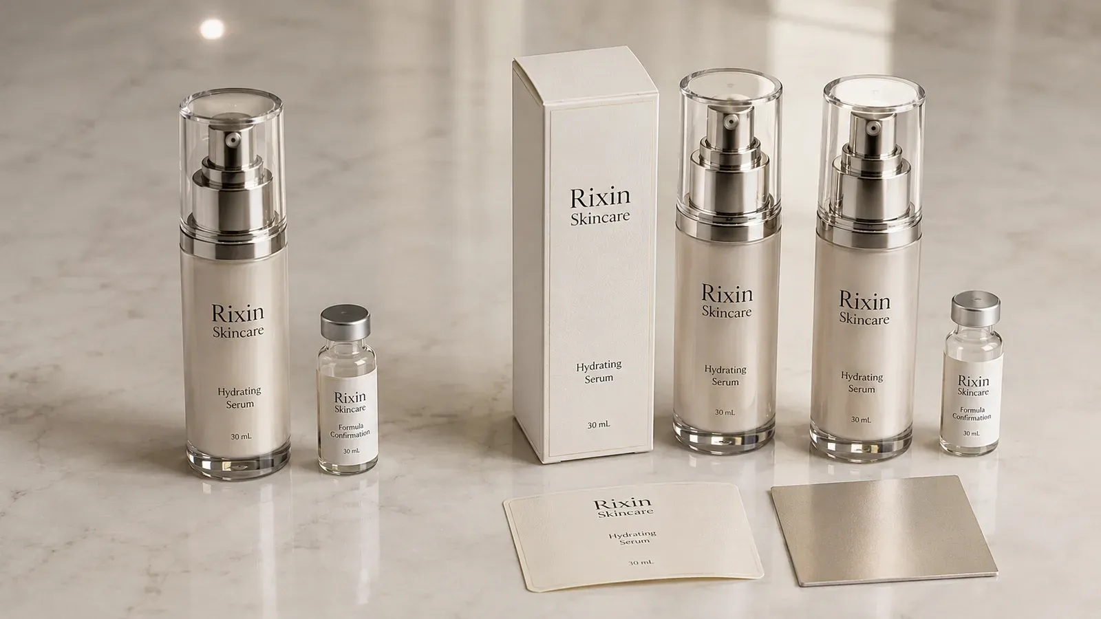 Two Rixin Skincare serum project scopes showing a bottle and formula sample beside a broader set with bottles, carton, sample, and finish materials