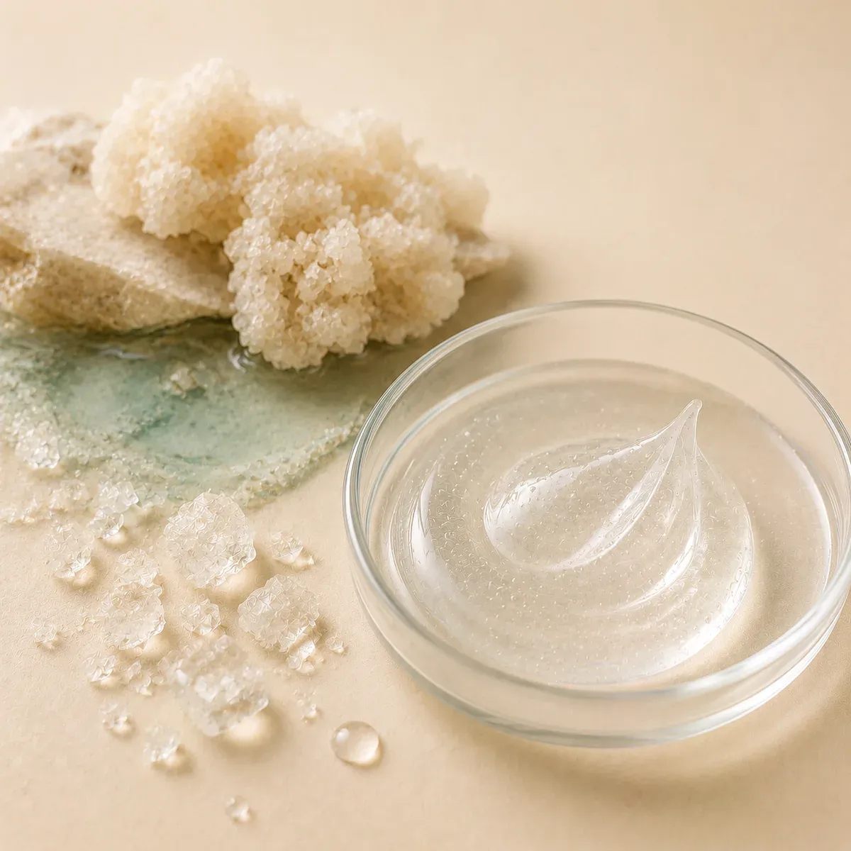 Salt lake mineral environment association with watery essence texture representing ectoin ingredient identity