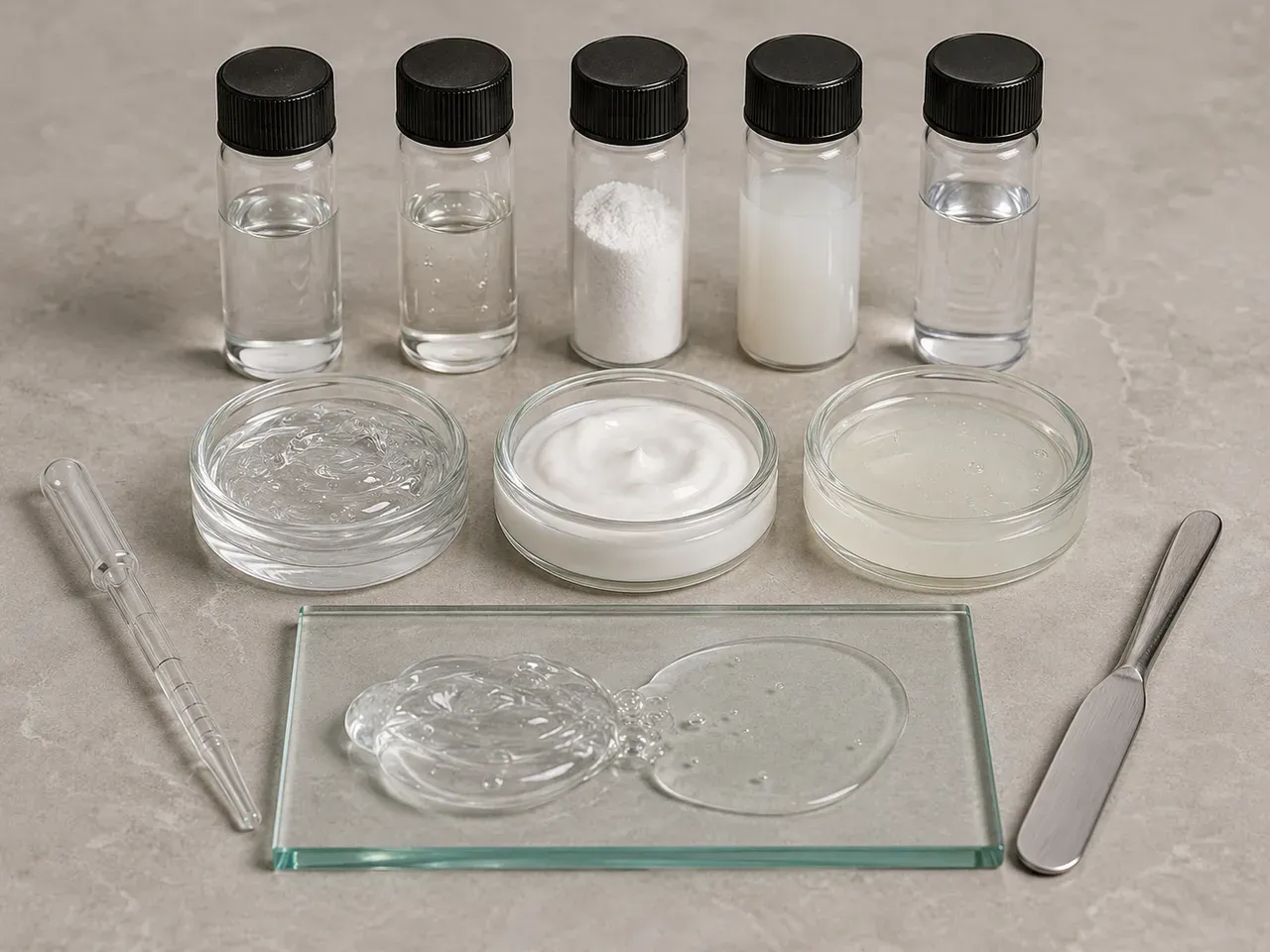 Neutral cosmetic material vials in different supplied forms beside clear gel, serum, and emulsion formula bases