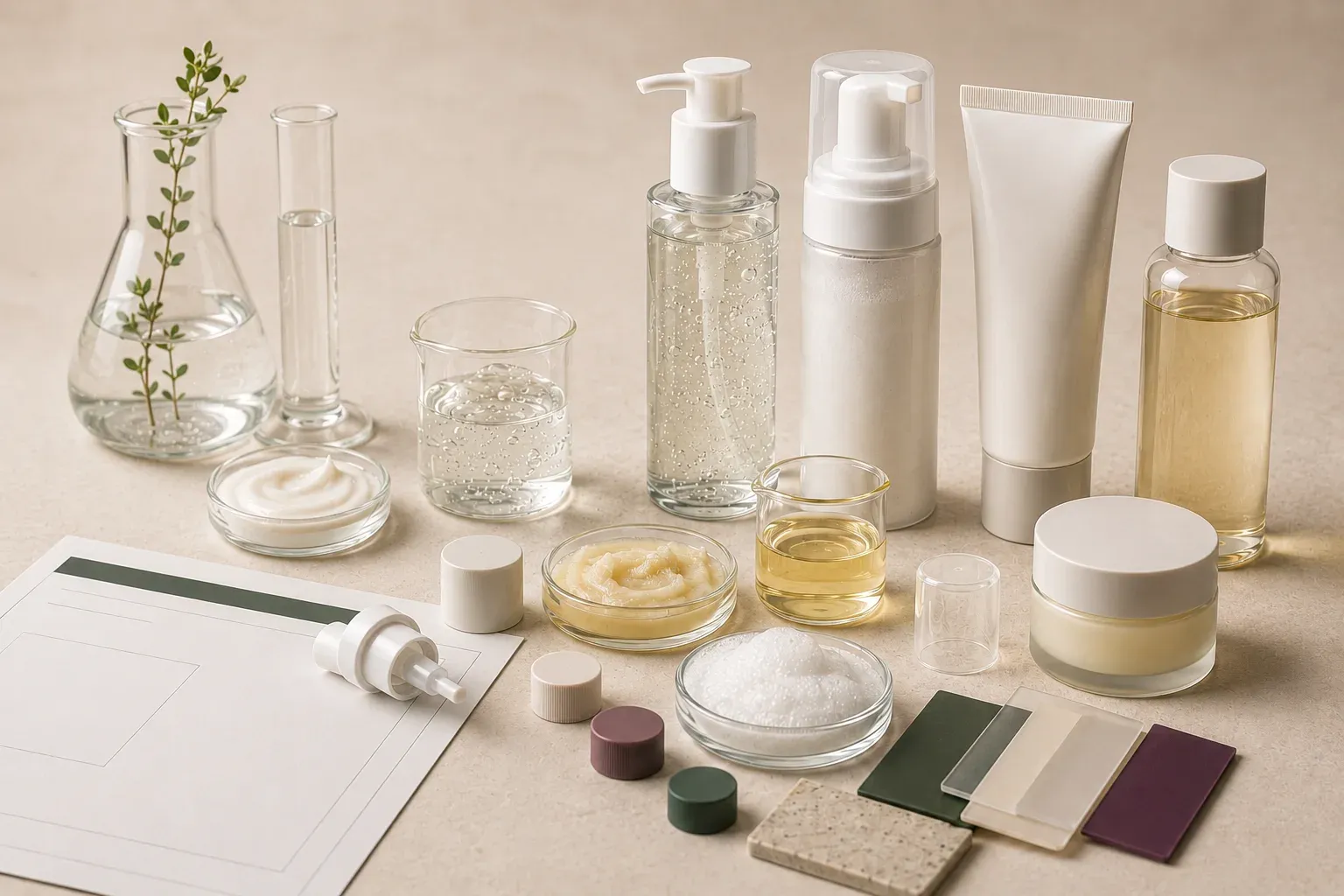 Facial cleanser samples, packaging components, and finished gel, foam, oil, cream, and balm formats arranged for development