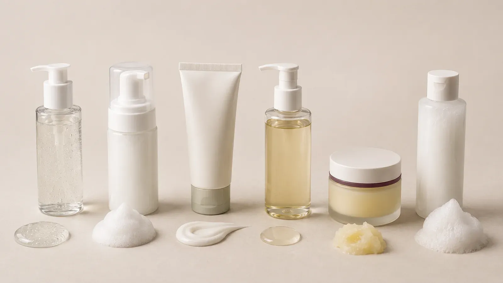 Gel pump, foaming dispenser, cream tube, oil bottle, balm jar, and matching cleanser textures arranged by format