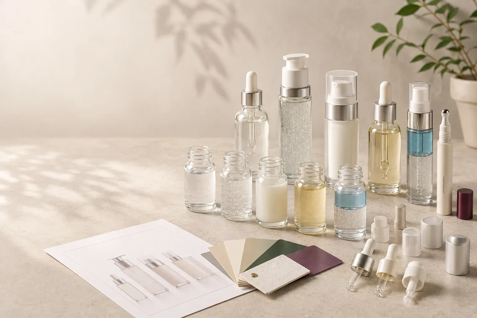 Facial serum samples, packaging components, and finished water-based, gel, milky, oil, bi-phase, and eye-serum formats arranged for development