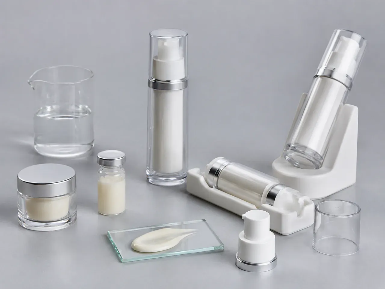 Formula samples, identical airless packages in controlled orientations, and closure components for finished-product testing review