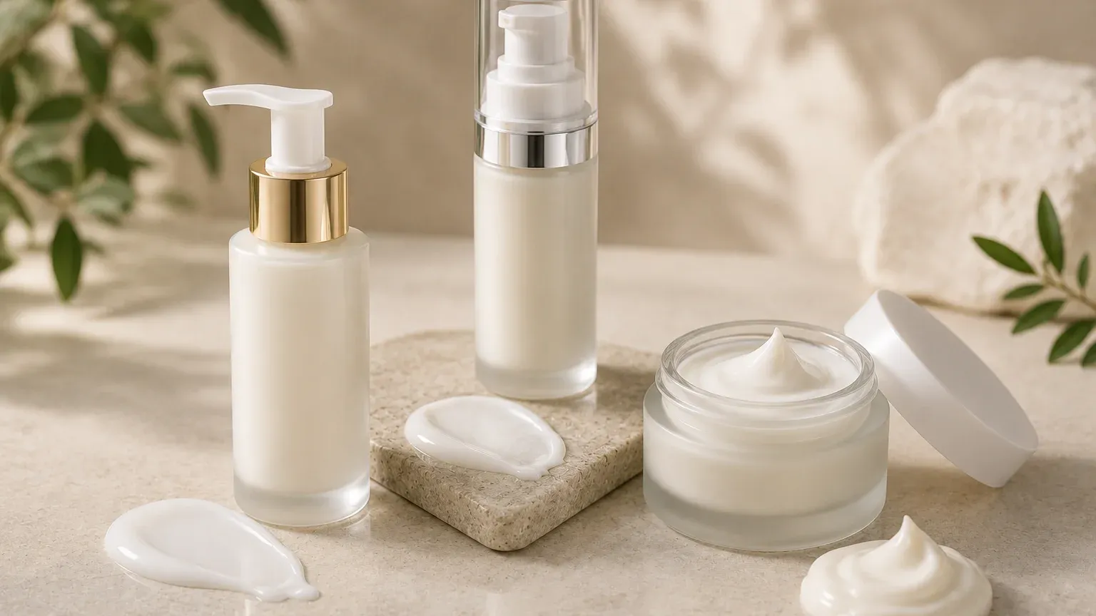 Facial moisturizer packaging options including jar, airless pump, and pump bottle with matching product textures