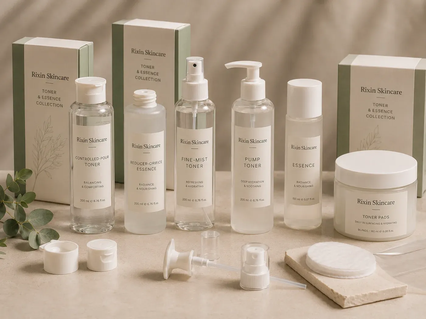 Toner and essence packaging options including pour bottles, spray bottles, pumps, and cartons.