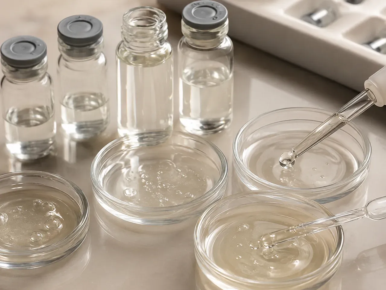 Close-up review of PDRN-related cosmetic raw-material samples and texture states before formulation