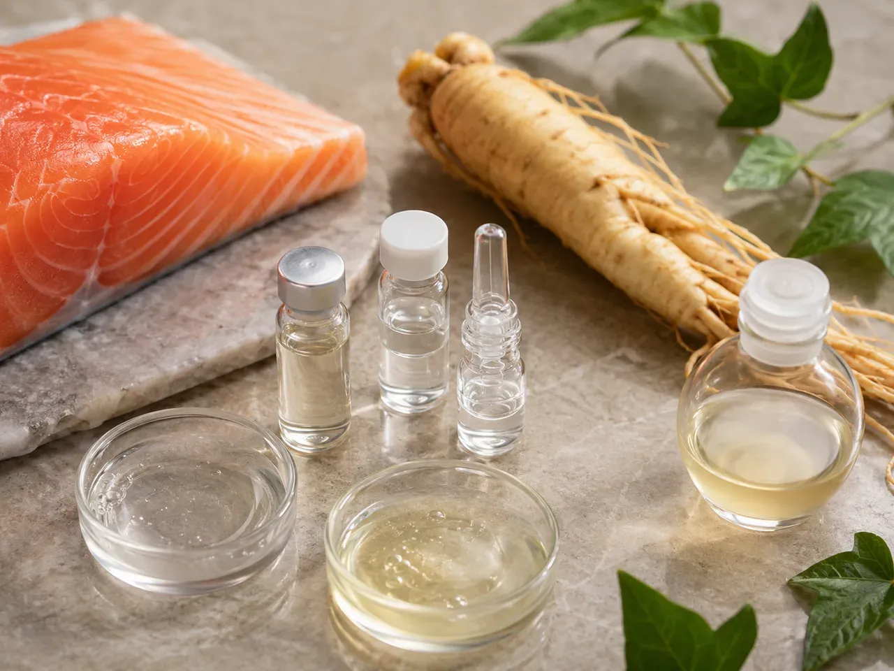 Salmonid, plant, and microbial PDRN source-route cues arranged with cosmetic sample vials and translucent textures for development review