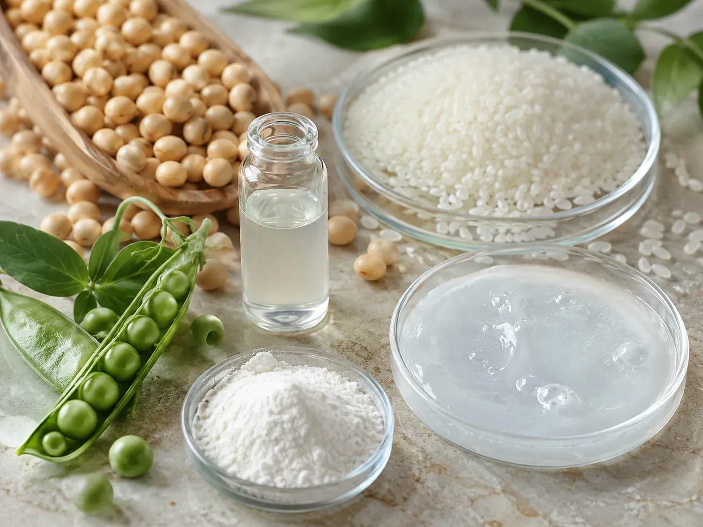 Soybeans, rice grains, pea pods, fine white powder, clear serum gel, and a sample vial arranged for cosmetic ingredient development