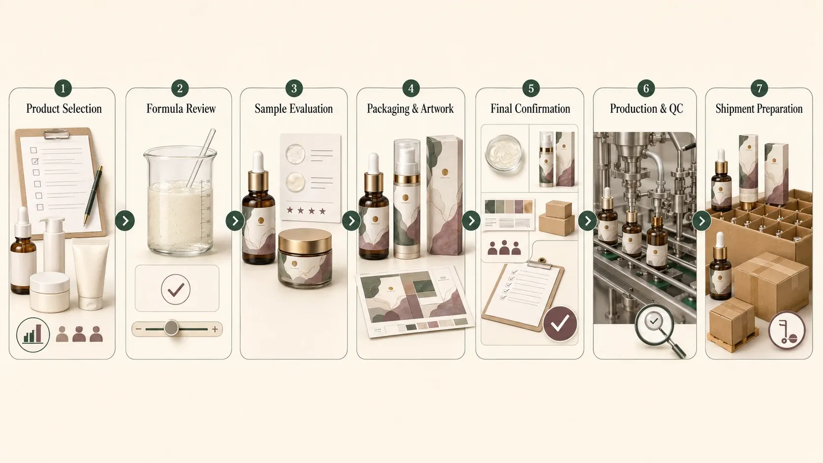 Private label skincare project workflow from product selection and sample evaluation through production, quality control, and shipment preparation.