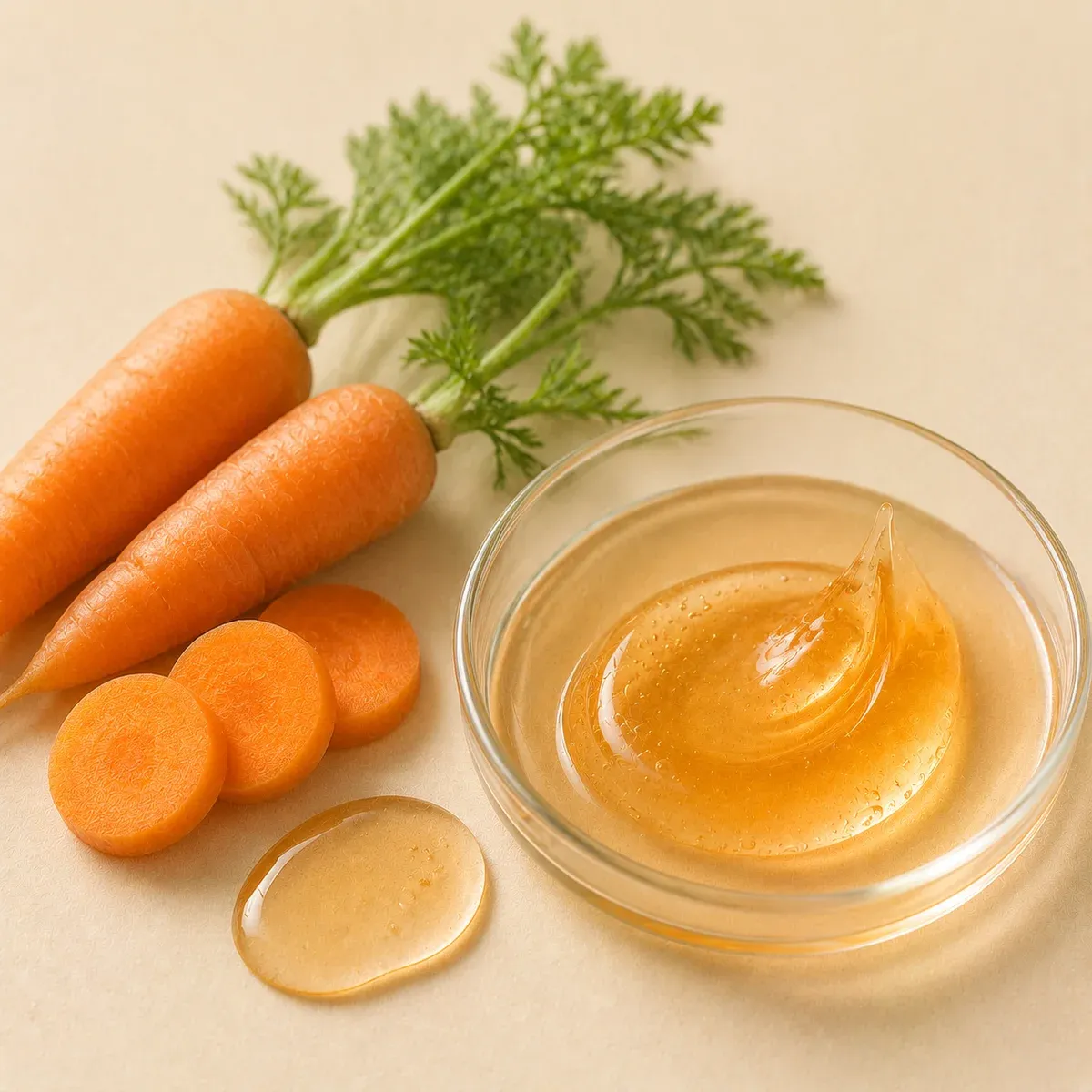 Carrot vitamin A botanical source association with warm amber serum texture representing retinal ingredient identity