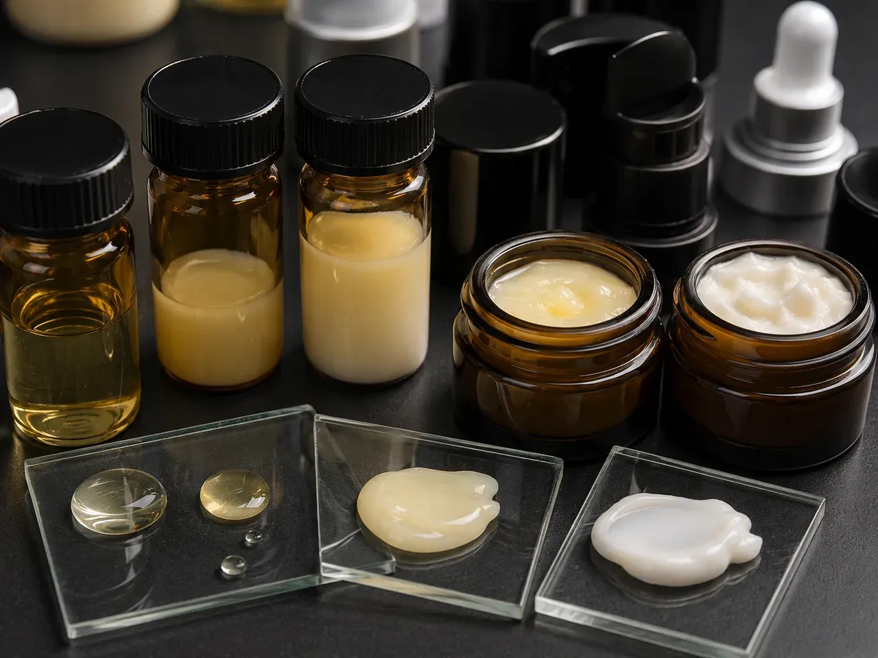 Protected Retinal material-review samples in amber containers with fluid, emulsion, and cream textures.