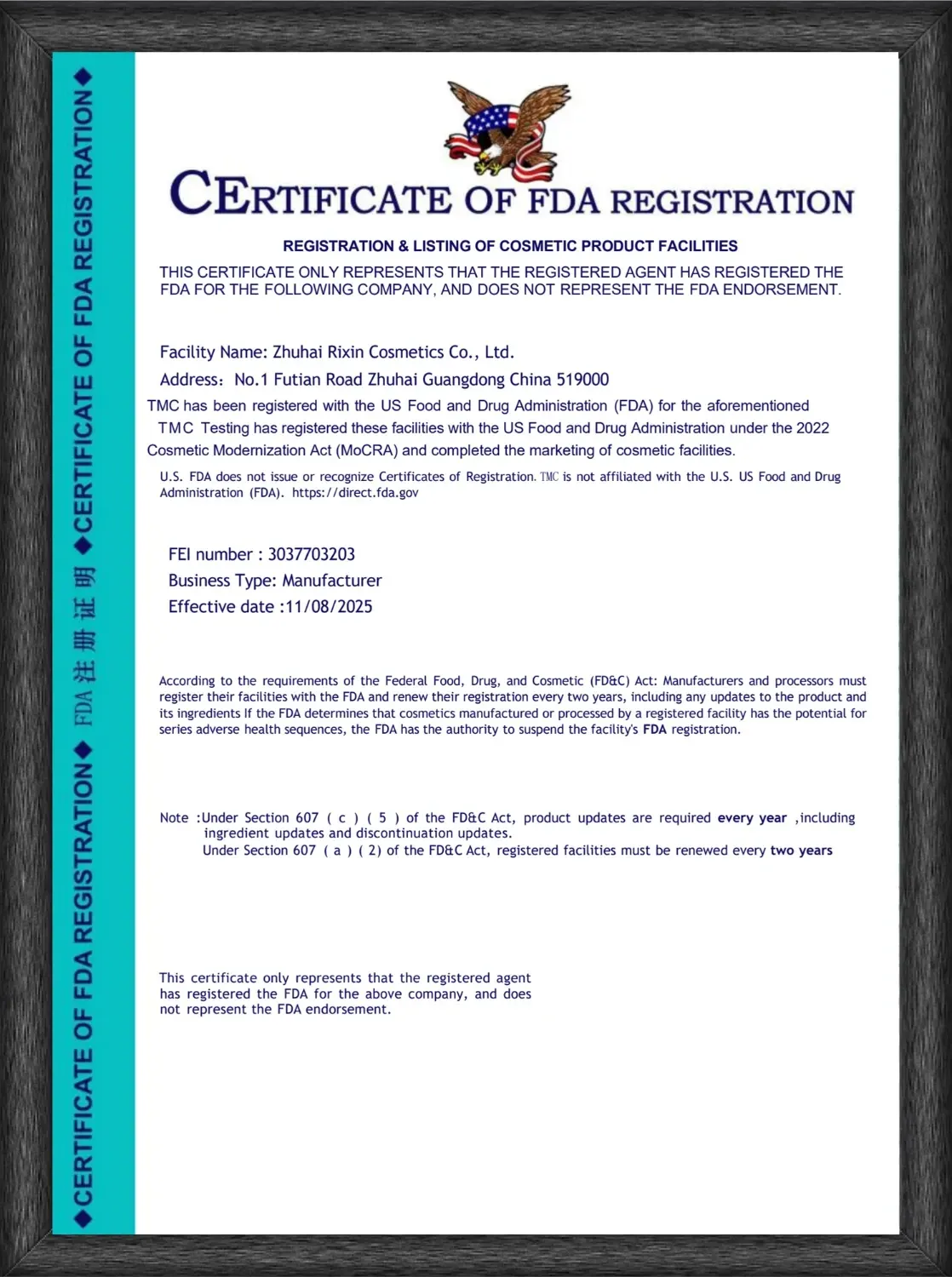Third-party FDA cosmetic facility registration record for Zhuhai Rixin Cosmetics Co., Ltd. showing FEI 3037703203
