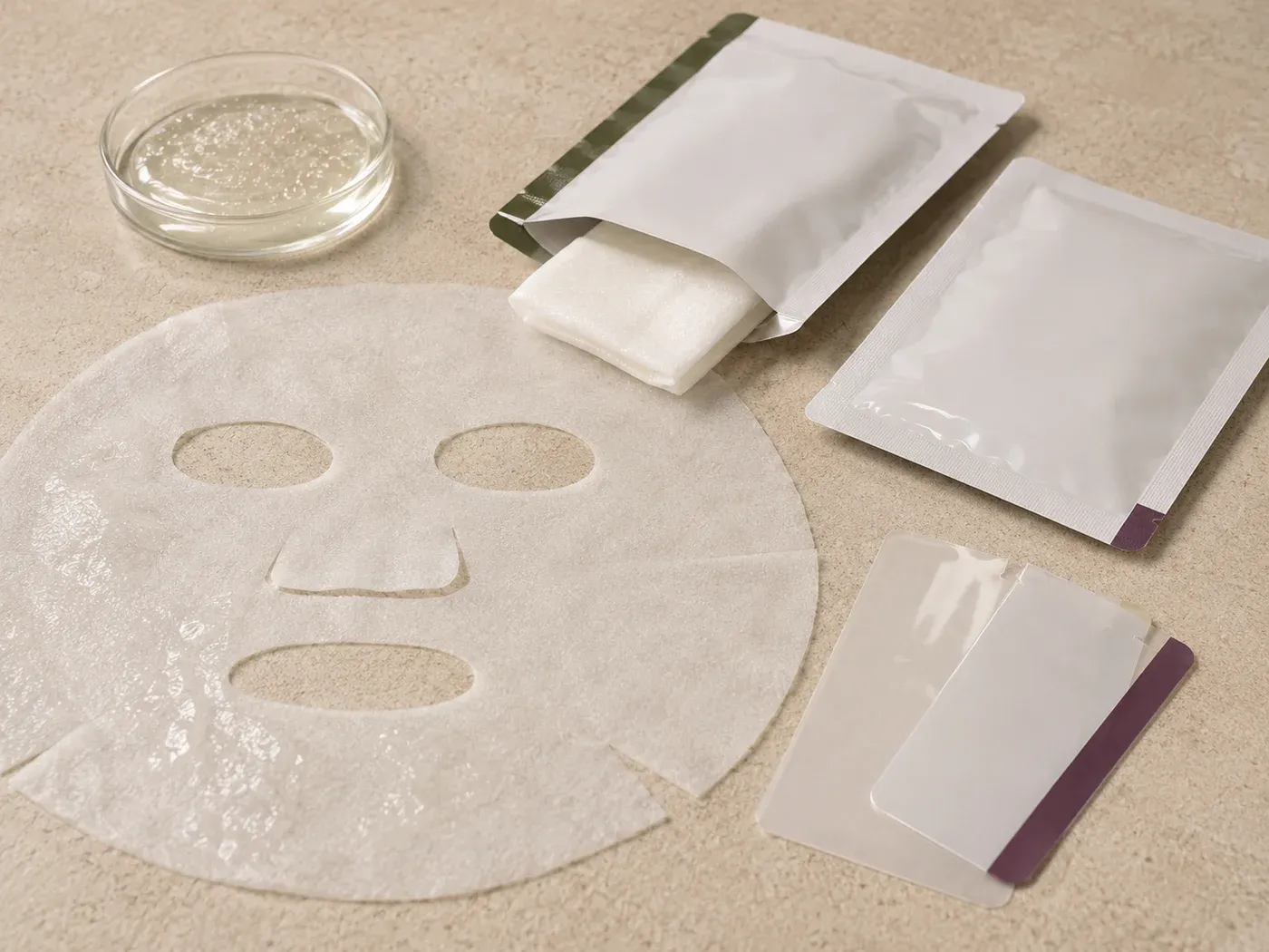 Unfolded and folded facial mask sheets arranged with clear essence, sealed sachets, and pouch-film samples for system review