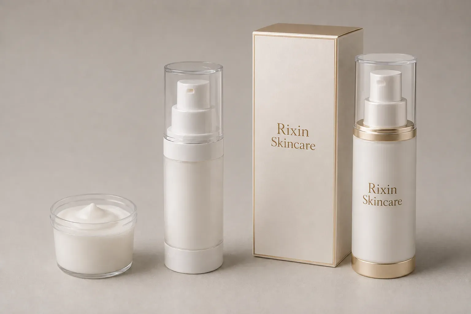 Cream formula sample, plain airless bottle sample, and premium Rixin Skincare finished bottle with matching branded carton