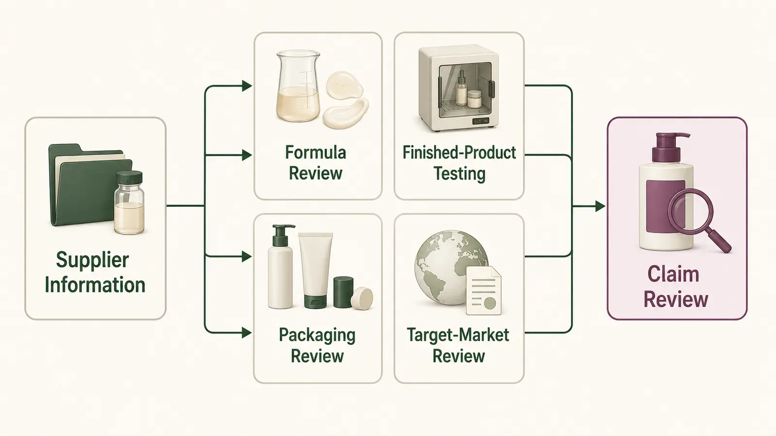 Flow from supplier information through formula, testing, packaging, market, and claim review
