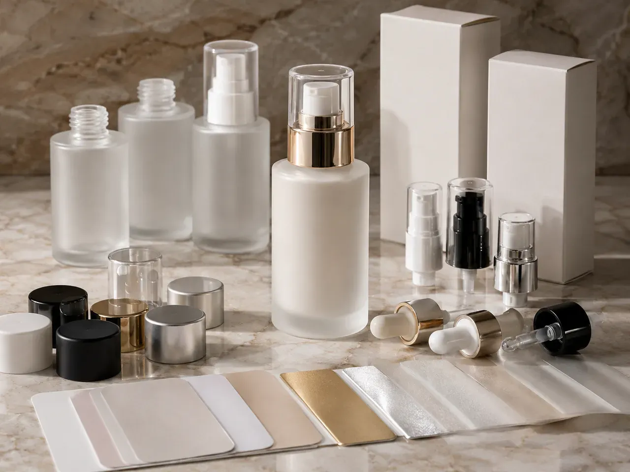 A skincare primary container, matching closures, blank cartons, and finish options arranged to show separate MOQ layers