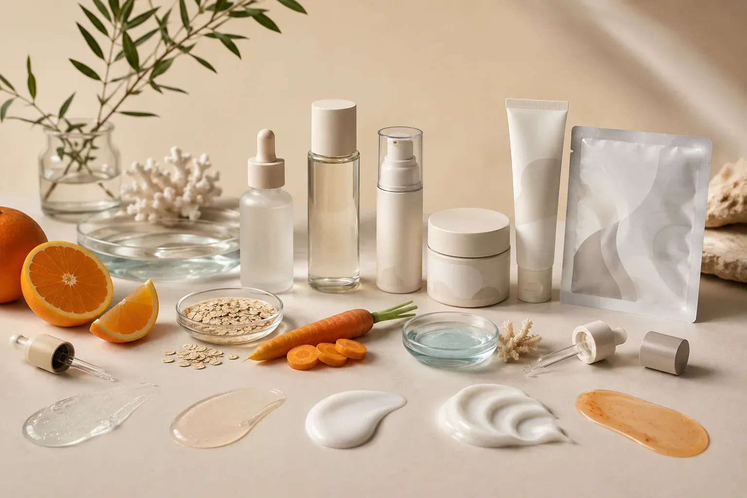 Cosmetic ingredient samples, formula textures, packaging components, and finished skincare formats arranged for product development
