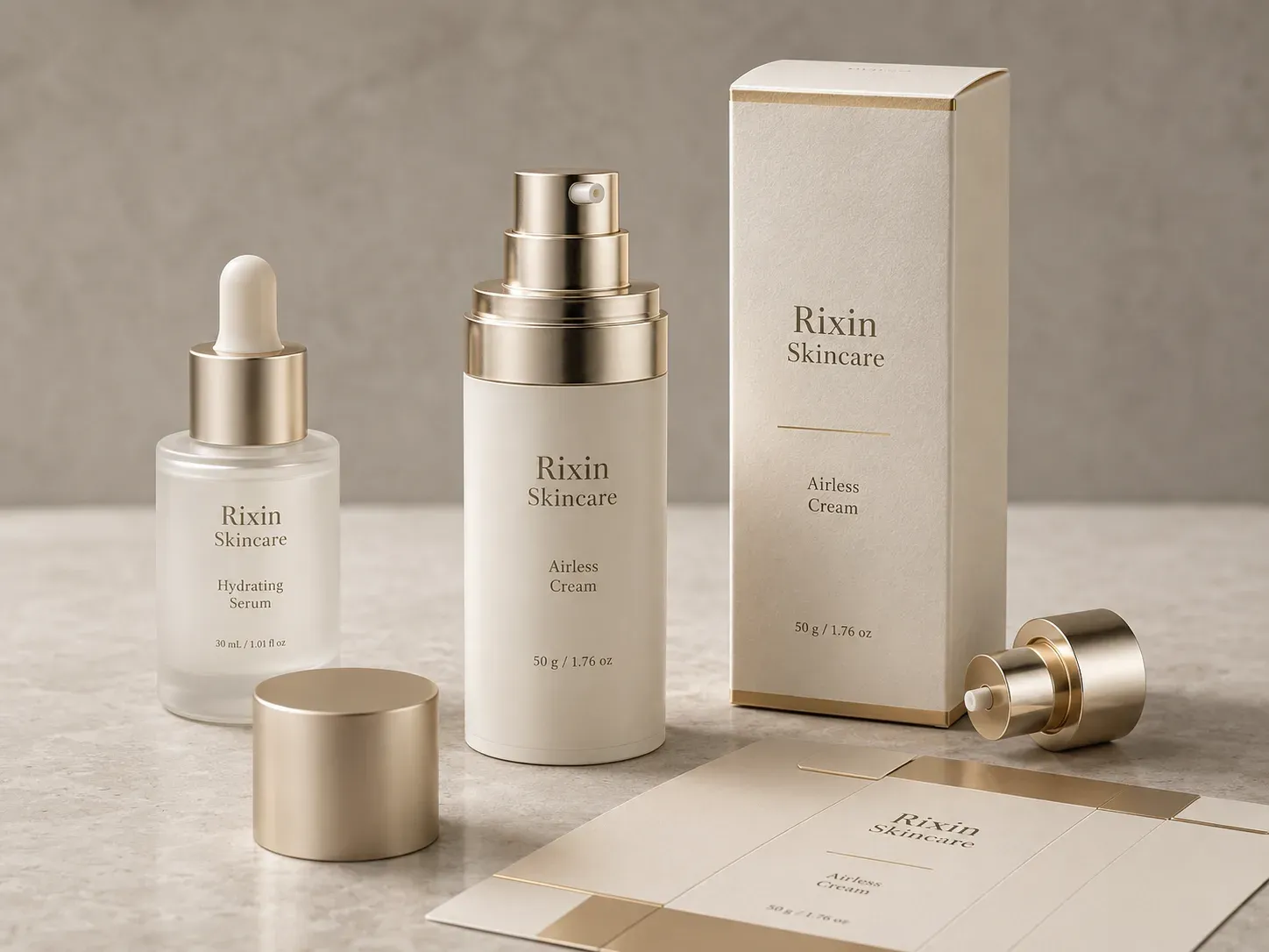 Premium Rixin Skincare minimal-luxury bottle and carton system with matching components