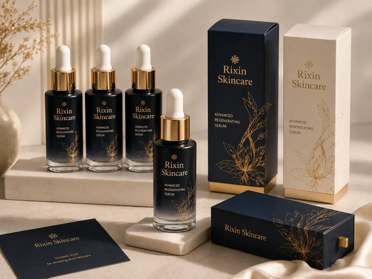 A fully assembled skincare master package with identical finished units, matching closures, a fitted component tray, and completed outer cartons prepared for production scheduling
