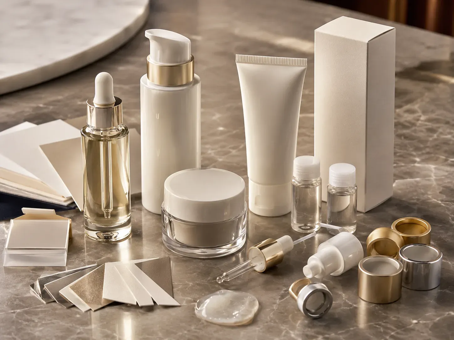 Coordinated skincare project brief review with formula samples, packaging formats, closures, and material options