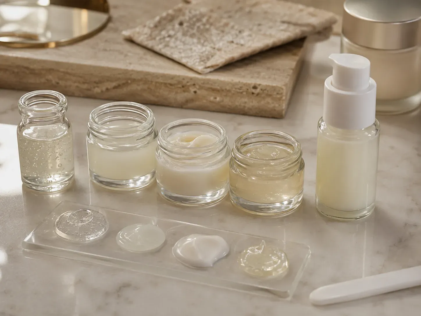 Multiple skincare formula samples and textures arranged for structured sample evaluation and formula review