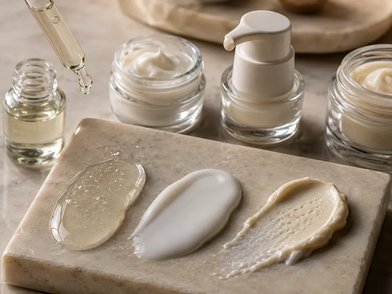 Skincare sample textures, neutral vessels, and dispensing components arranged for sensory evaluation