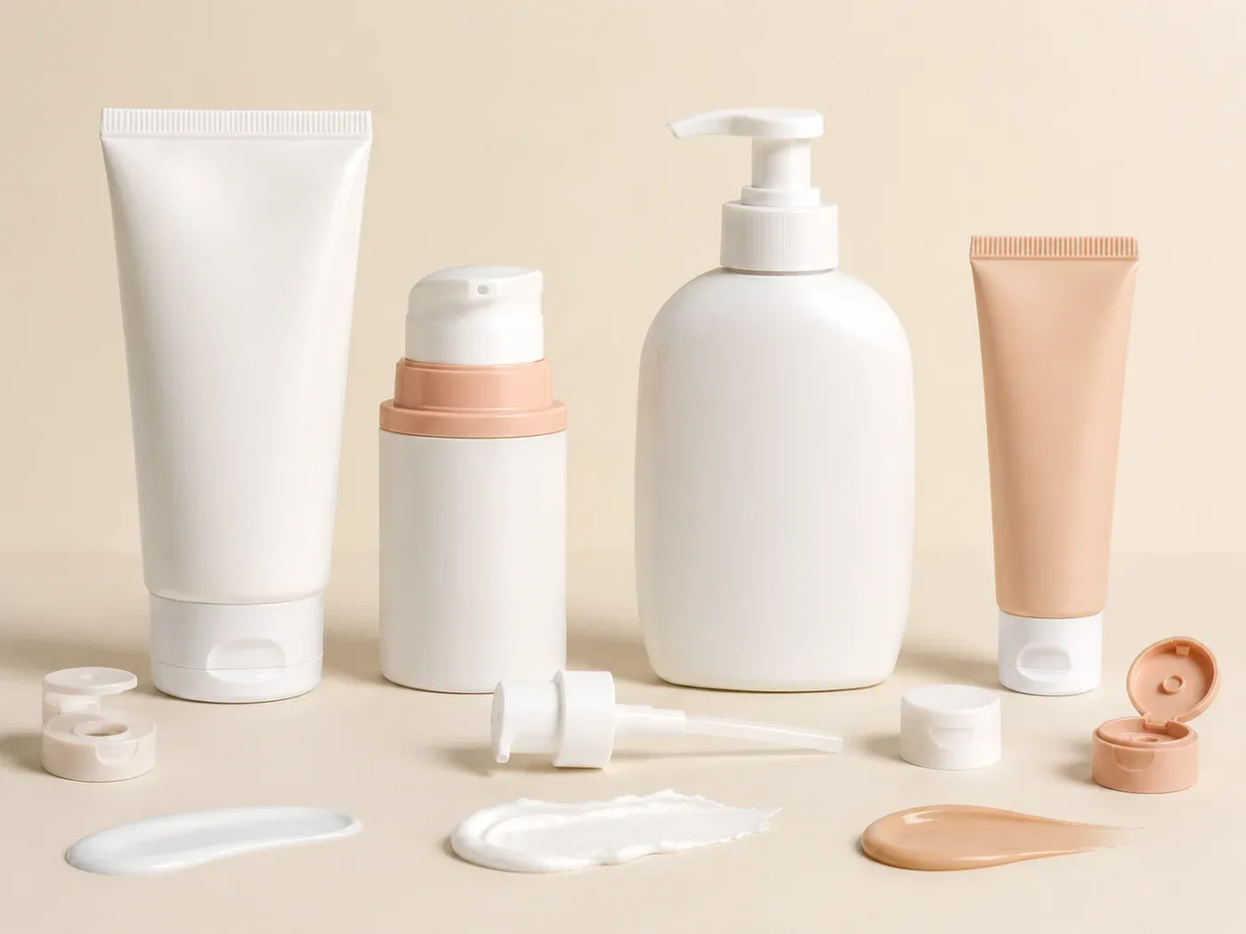 Laminated sunscreen tube, compact dispenser, body lotion pump, tinted tube, and matching closures arranged for packaging review