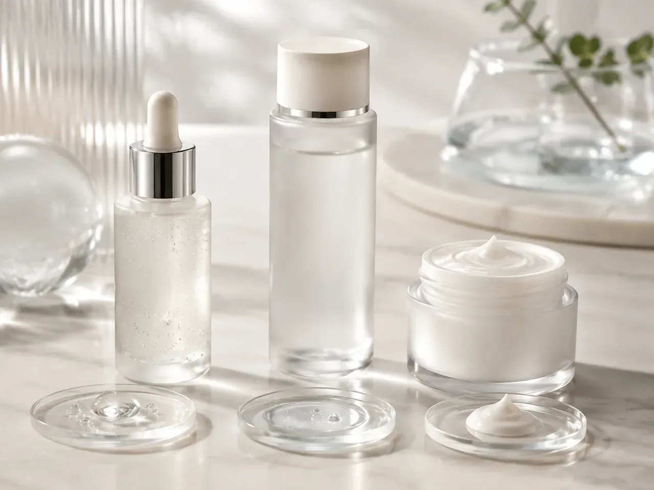 Coordinated tranexamic acid skincare format review showing serum, essence, and moisturizer packaging with realistic texture cues in a premium B2B development scene.