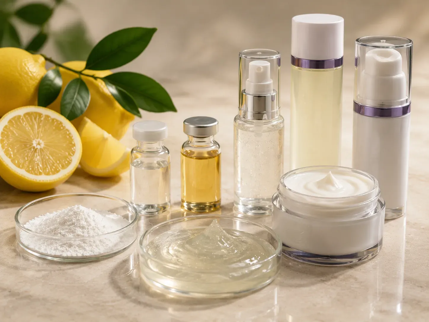Vitamin C derivative material samples, formula textures, and serum, essence, and emulsion formats arranged for development