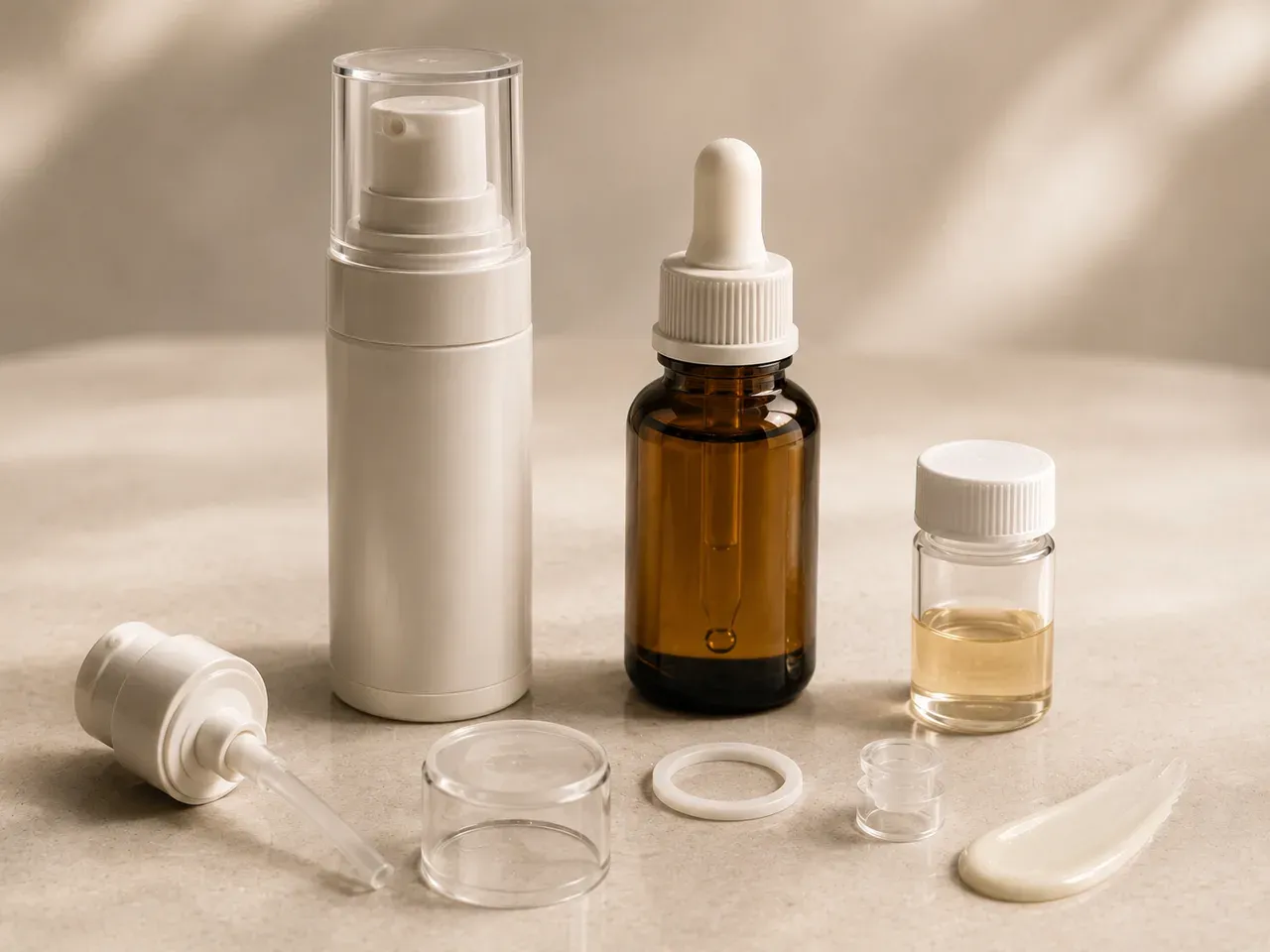 Opaque airless and amber treatment packages with pumps, seals, closures, and compatibility components